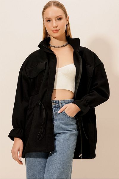 HAKKE Zippered Elastic Waist Stitched COAT