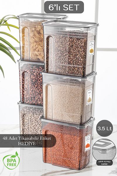 Meleni Home 6-Piece Mega 3.5 Liter Pulses Container - Labeled Lena Jar Food Storage Container
