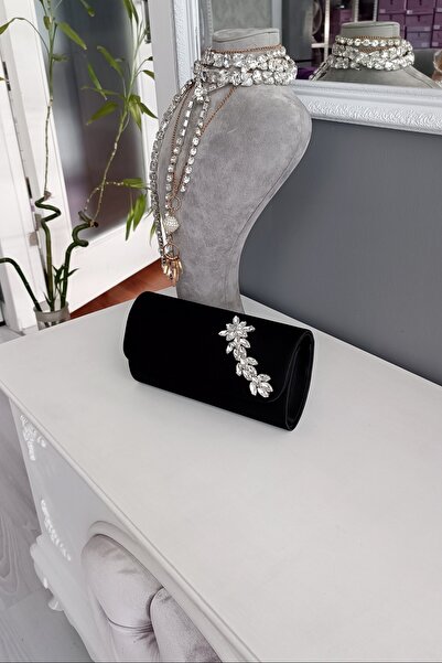 LA CALZATURE Black Satin Star Stone Accessory Oval Cut Evening Dress Women's Bag