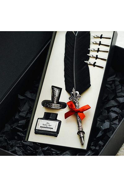ASYA GIFTS قلم غمس أسود من الريش (5 رؤوس مختلفة ومجموعة حبر)