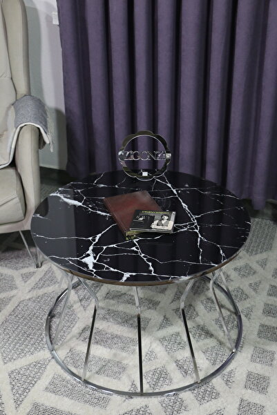 Zigonzi Siyah Mermer Desenli Gümüş Metal Orta Sehpa, Kum Saati