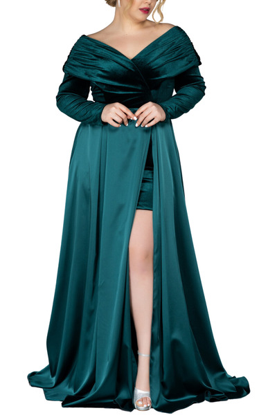 Arden Büyük Beden Uzun Abiye, Kadife Kontes Yaka Üst, Saten Kloş Etek, Uzun K...