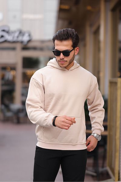MODAMESTO Ανδρικό φούτερ μπεζ Oversize με κουκούλα και τσέπη καγκουρό με 3 κλωστές εσωτερικά