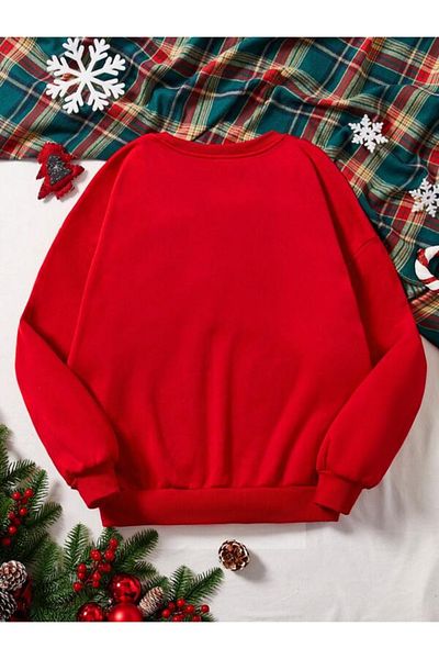 Black Sokak Red New Year Special Deer Printed Crew Neck Oversize Men's & Sweatshirt
