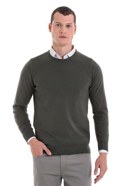 Hatemoğlu Πλεκτό πουλόβερ Khaki Regular Fit Solid Crew Neck 100% βαμβακερό