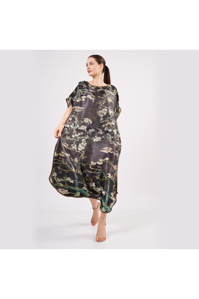 Nomads Felt 100% Silk Long Dress| Anthracite Van Gogh Almond Flower| Nomads Felt