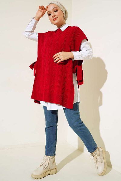 benguen 11024 Side Belt Tied Sweater Red