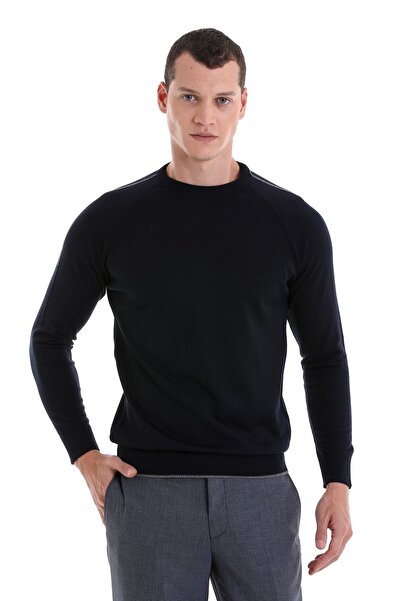 Hatemoğlu Темно-синій Regular Fit жакардовий светр з велосипедним коміром з вовняного трикотажу