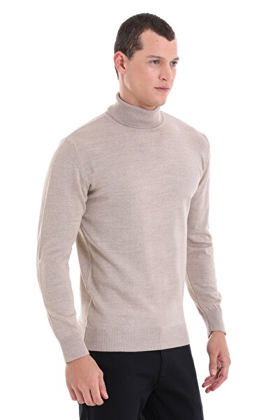 Hatemoğlu Beige Regular Fit Plain Turtleneck Wool Knitwear Sweater