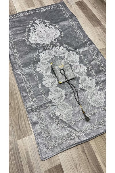AYHANHOME French Laced 3 Piece Velvet Dowry Prayer Rug Set