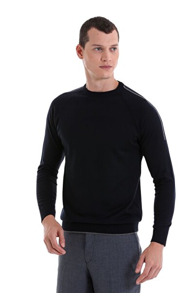 Hatemoğlu Темно-синій Regular Fit жакардовий светр з велосипедним коміром з вовняного трикотажу