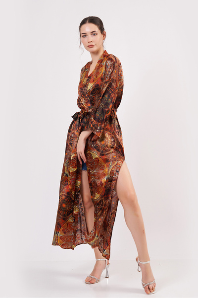 Nomads Felt Saf İpek Uzun Kimono Kaftan | Kahverengi Mandala Desen | Nomads Felt