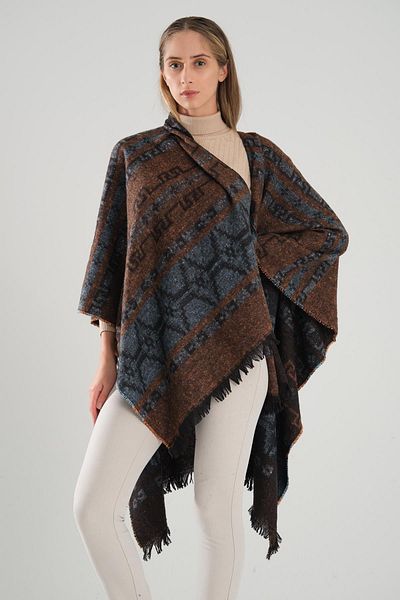 Deafox Brauner Poncho mit Muster und Quastendetail, 140 x 160 cm