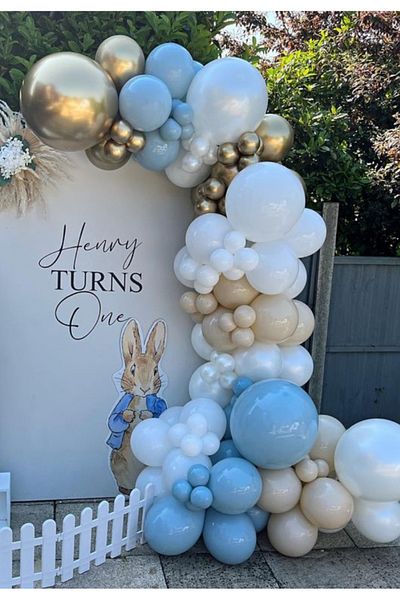 Çemrek Süs Parti Milky coffee blue gold chrome balloon chain set 100 pieces of balloons