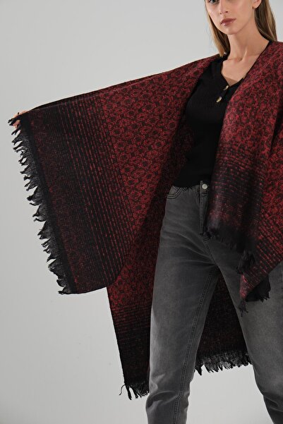 Deafox Red 140x160 Cm Tassel Detail Self Patterned Poncho