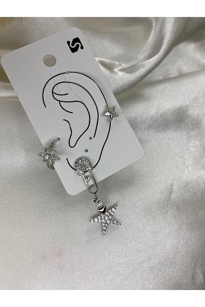 KÜBRA UYAN JEWELRY 3-PIECE STEEL HOOK DETAIL EARRING
