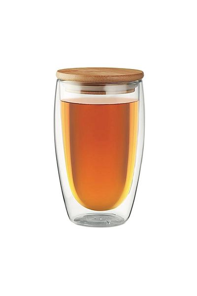 Yenigeldi 1 Piece Bamboo Lid High Borosilicate Glass Double Layer Coffee, Soft Drink Cup