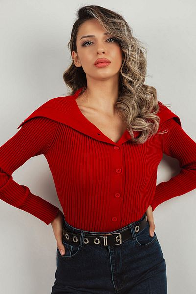 GÜLSELİ Claret Red Women's Turn-Down Collar Knitwear Cardigan