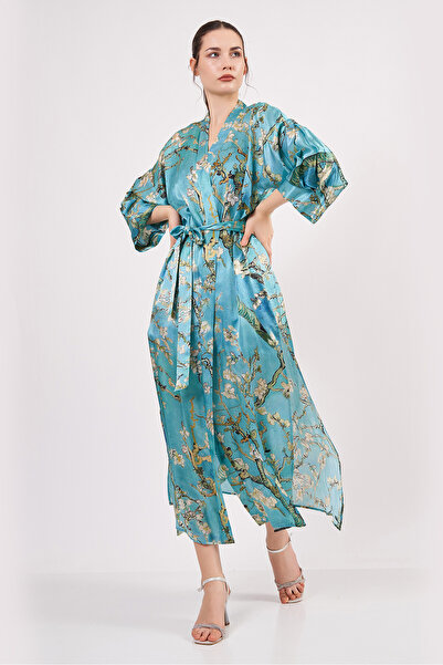 Nomads Felt %100 İpek Uzun Kimono Kaftan | Turkuaz | Van Gogh Badem Ağacı | N...