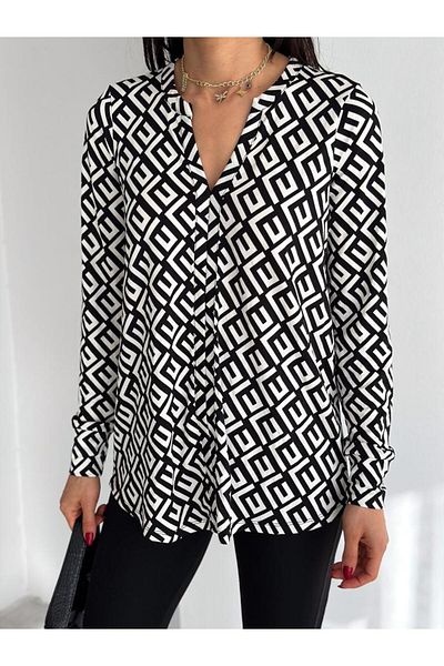 BE CHİC WOMEN'S LONG SLEEVE PATTERNED V-NECK LOOSE BLOUSE AYD003