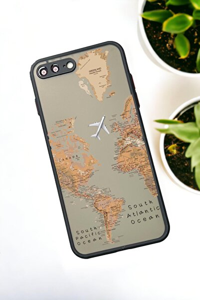 mooodcase iPhone 7 Plus Uyumlu Dünya Harita Desenli Buzlu Şeffaf Lüx Telefon Kılıfı