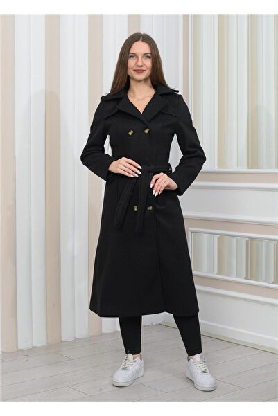 Nuseel Noul sezon, căptușeală dublu, detaliată, lungime midi, cu fantă, haină neagră