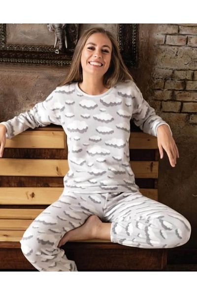 BAHHAR Women's Gray Long Sleeve Straight Leg Fleece Pajama Set