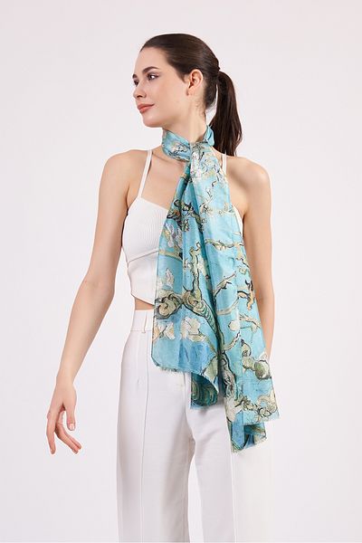 Nomads Felt Voile Silk Scarf| 55 x 180 cm| Van Gogh Almond Tree Turquoise| Nomads Felt