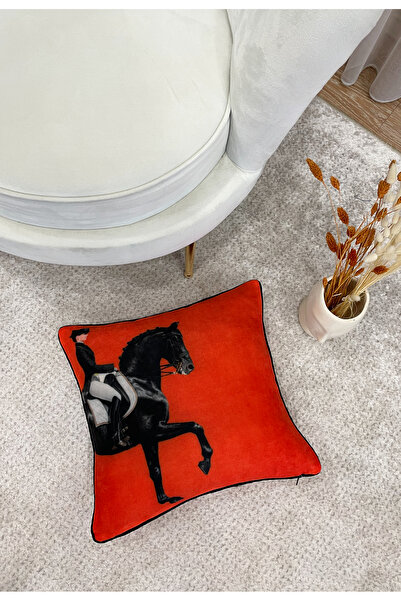 Brillant At Desenli Biyeli Kırlent Kılıfı 45x45 - TURUNCU