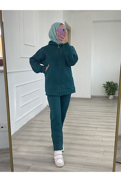 Arden Scarf Three Thread Raised Hooded Zipper Top-Bottom Set