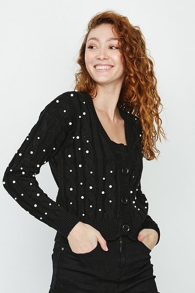 Select Moda Women's Black Buttoned Cardigan with Pearl Accessories