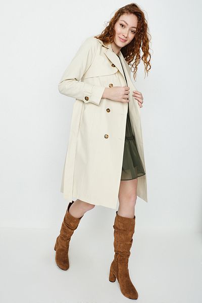 Select Moda Women's Cream Belted Front Buttoned Long Trench Coat