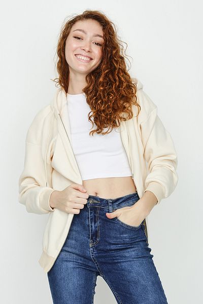 Select Moda Women's Cream Hooded Zippered Sweatshirt