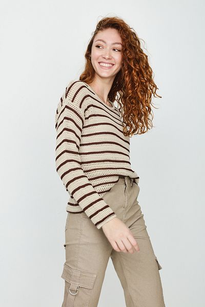 Select Moda Women's Brown Color Blocked Knitted Sweater