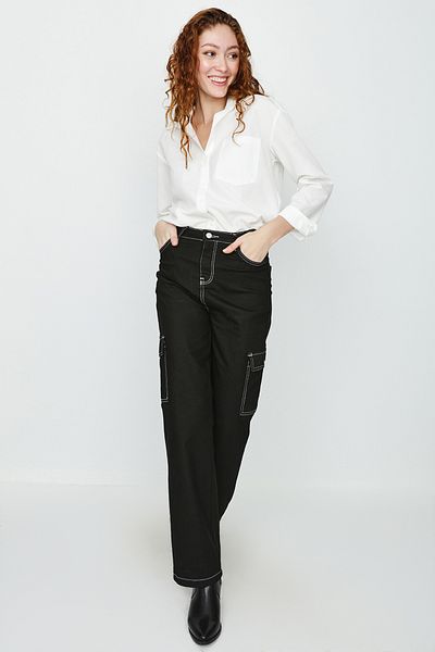 Select Moda Women's Black Contrast Stitched Wide Leg Cargo Pants