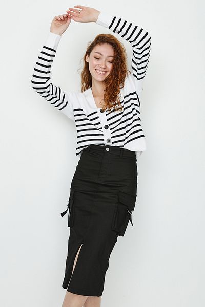 Select Moda Women's White Striped Button Detailed Knitwear Cardigan