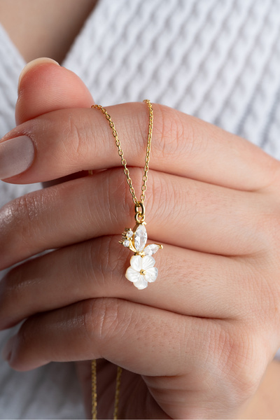 Silvano Jewelry 925 Ayar Gümüş Gold Minik Sedefli Çiçek Kolye