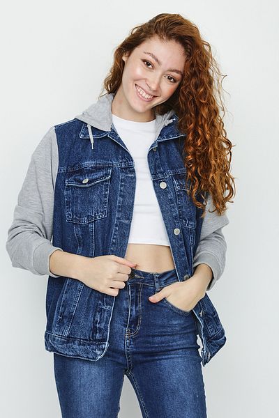 Select Moda Jachetă de blugi supradimensionată din bumbac pieptănat cu mâneci cu glugă albastră