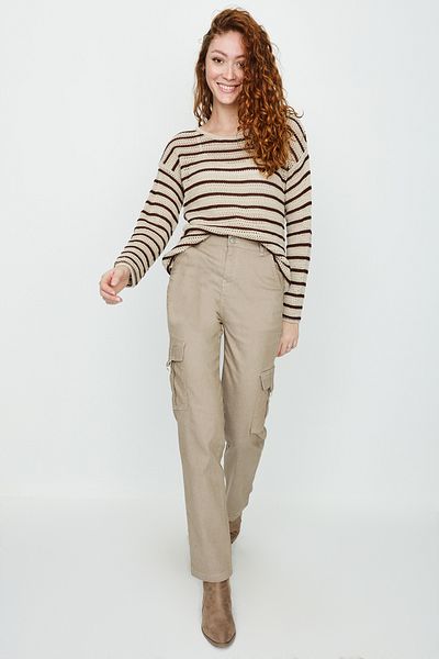 Select Moda Women's Beige Cargo Pocket Wide Leg Trousers