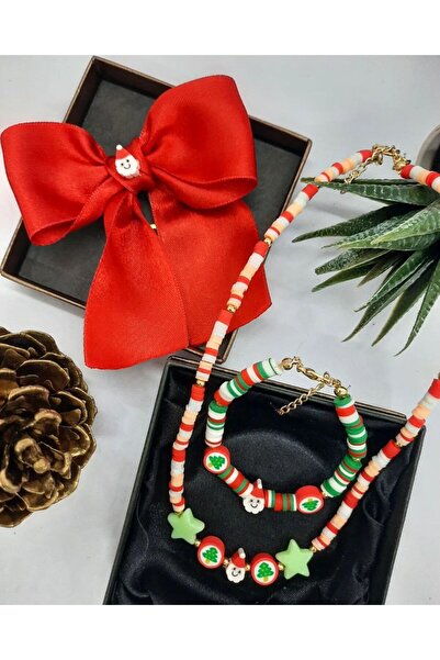 Yağmur Yılbaşı Kolye Bileklik Toka Seti Yeni Yıl Çocuk Kolye Seti Kırmızı Yeş...