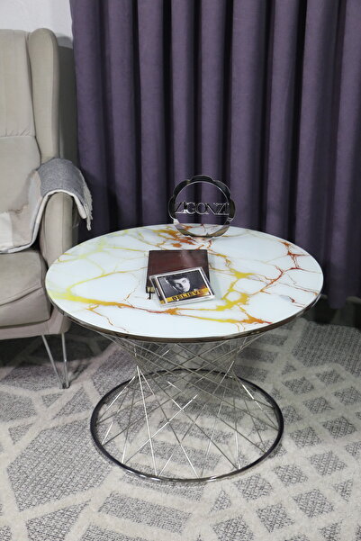 Zigonzi Sarı mermer desenli, gümüş metal, orta sehpa