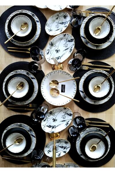 CASA DE BELLA 130 Parça 12 Kişilik Gold Çerçeveli Yemek Takımı Ve Çatal Kaşık...
