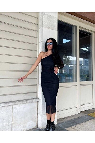 avaz Kadın Vücuda Oturan Tek Omuzlu Tül Astarlı Elbise