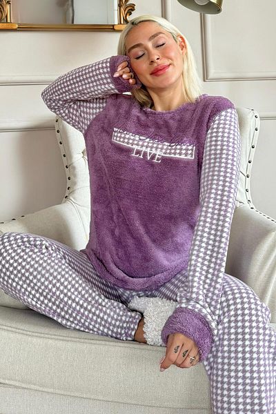 Pijamaevi Set de pijamale de pluș pentru femei cu model Purple Live