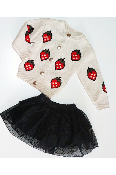 babymarkt Girl's Buttoned Front Strawberry Knitwear Cardigan Tulle Lined Skirt Double Suit