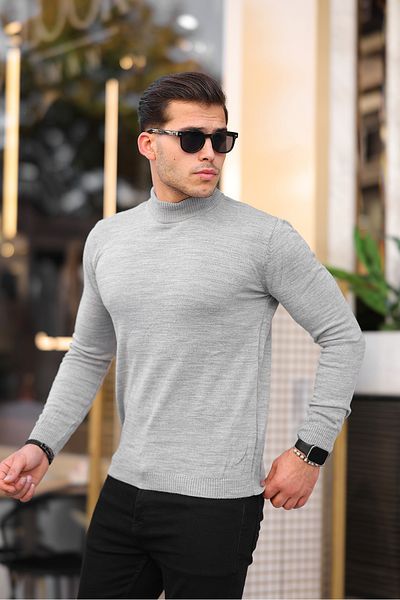 Ser Joven Men's Gray Slim Fit Half Turtleneck Knitwear Sweater