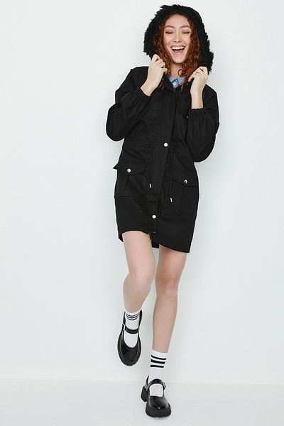 Select Moda Women's Black Fur Hooded Parka with Snap Closure