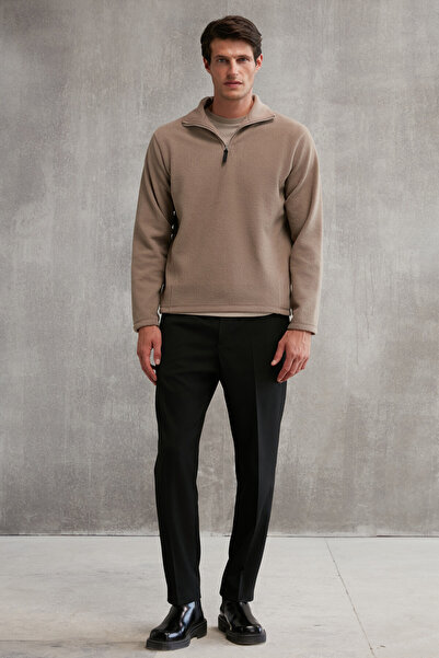 GRIMELANGE Ανδρικό φλις Hayes Φλις με μισό φερμουάρ Χοντρό υφή Comfort Fit Mink Fleece με δερμάτινα αξεσουάρ