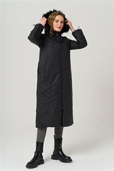 Olcay Detailní prošívaný kabát s odnímatelnou kožešinou s kapucí, černá 6435