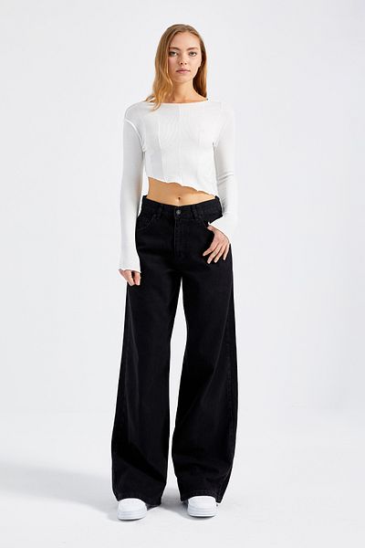 its basic Women's Black Black Od Color Palazzo 100% Koton Fit Denim Trousers